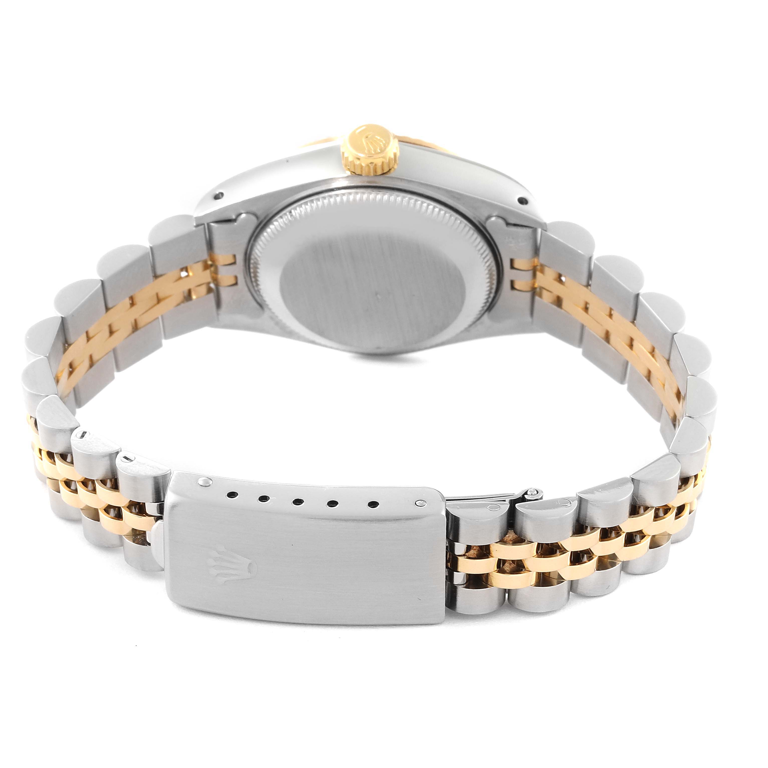This image shows the back view of a Rolex Datejust 69173G Women's Steel and Gold (two tone) Champagne Dial 69173G Women's Steel and Gold (two tone) Champagne Dial watch, highlighting its clasp, case back, and two-tone bracelet.