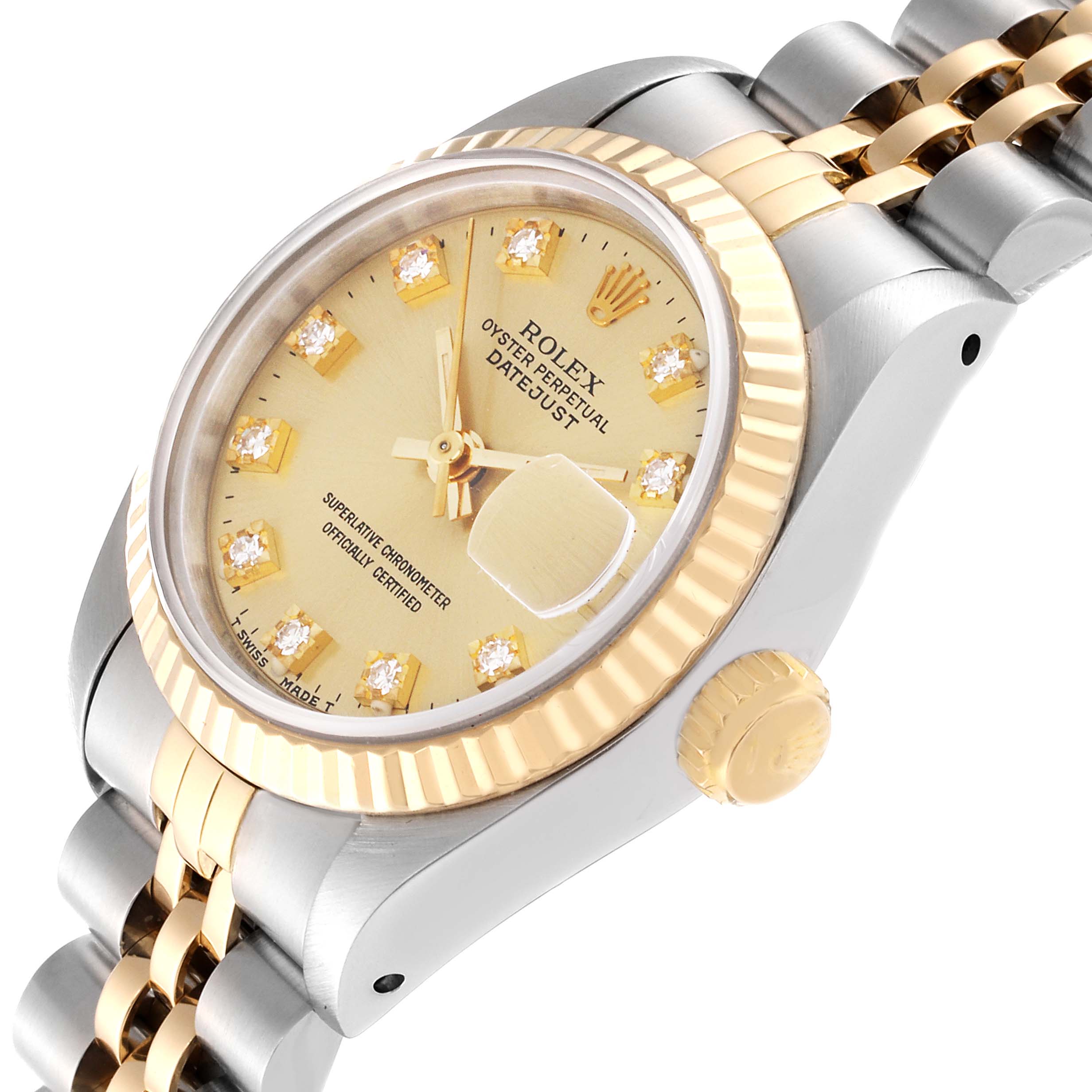 The Rolex Datejust 69173G Women's Steel and Gold (two tone) Champagne Dial 69173G Women's Steel and Gold (two tone) Champagne Dial watch is shown at an angle displaying the dial, bezel, crown, and part of the bracelet.