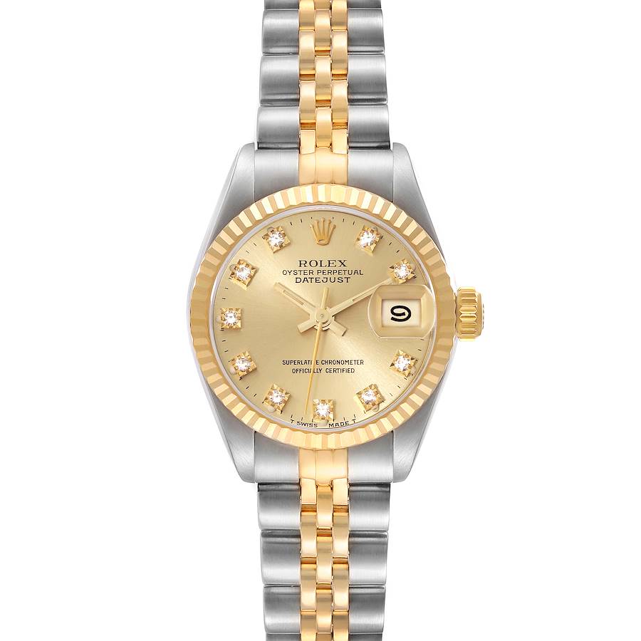 The image shows a front view of a Rolex Datejust 69173G Women's Steel and Gold (two tone) Champagne Dial 69173G Women's Steel and Gold (two tone) Champagne Dial watch, highlighting the face, crown, and two-tone bracelet.