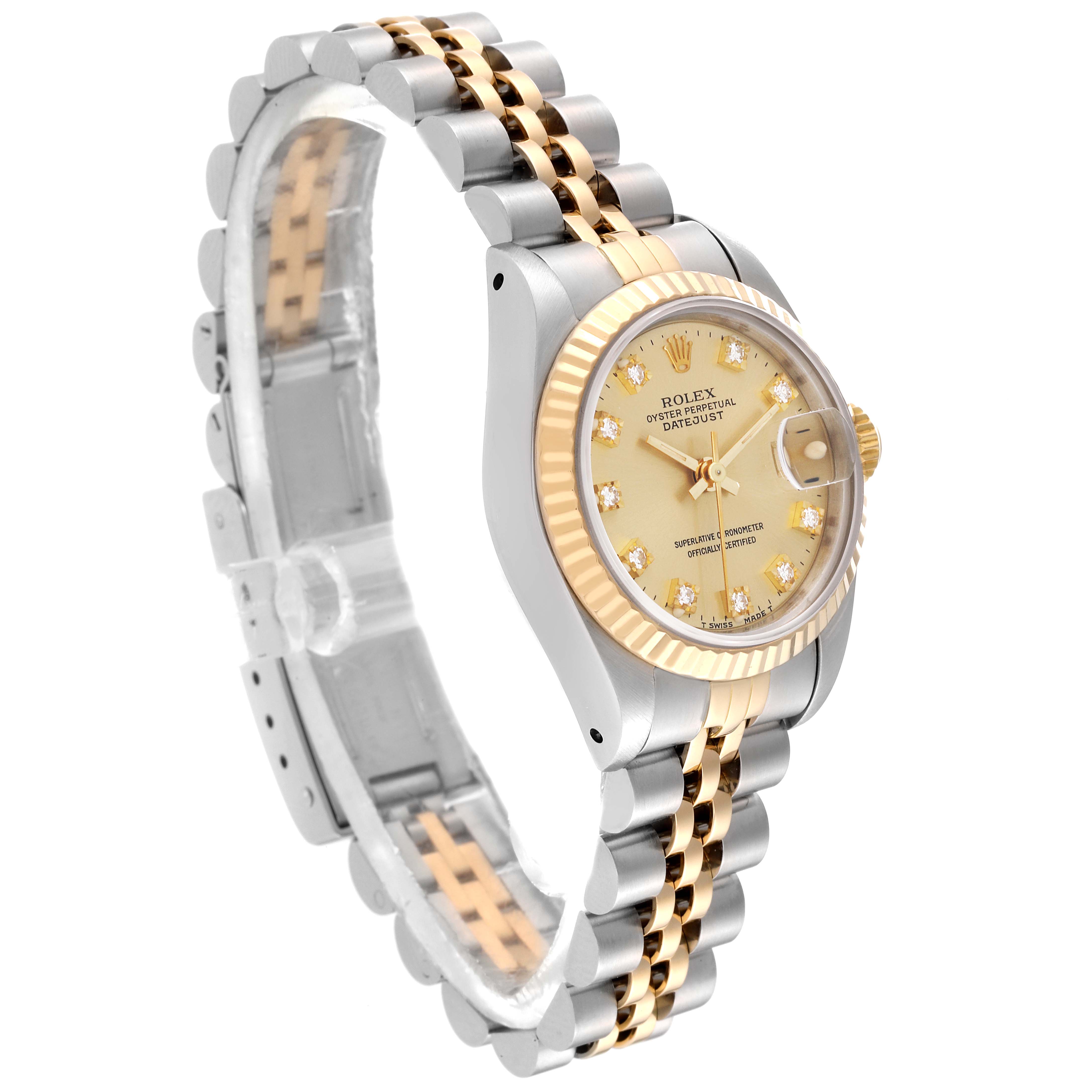 The image shows a Rolex Datejust 69173G Women's Steel and Gold (two tone) Champagne Dial 69173G Women's Steel and Gold (two tone) Champagne Dial watch at a 3/4 angle, highlighting the bracelet, case, fluted bezel, and the dial with diamond hour markers.