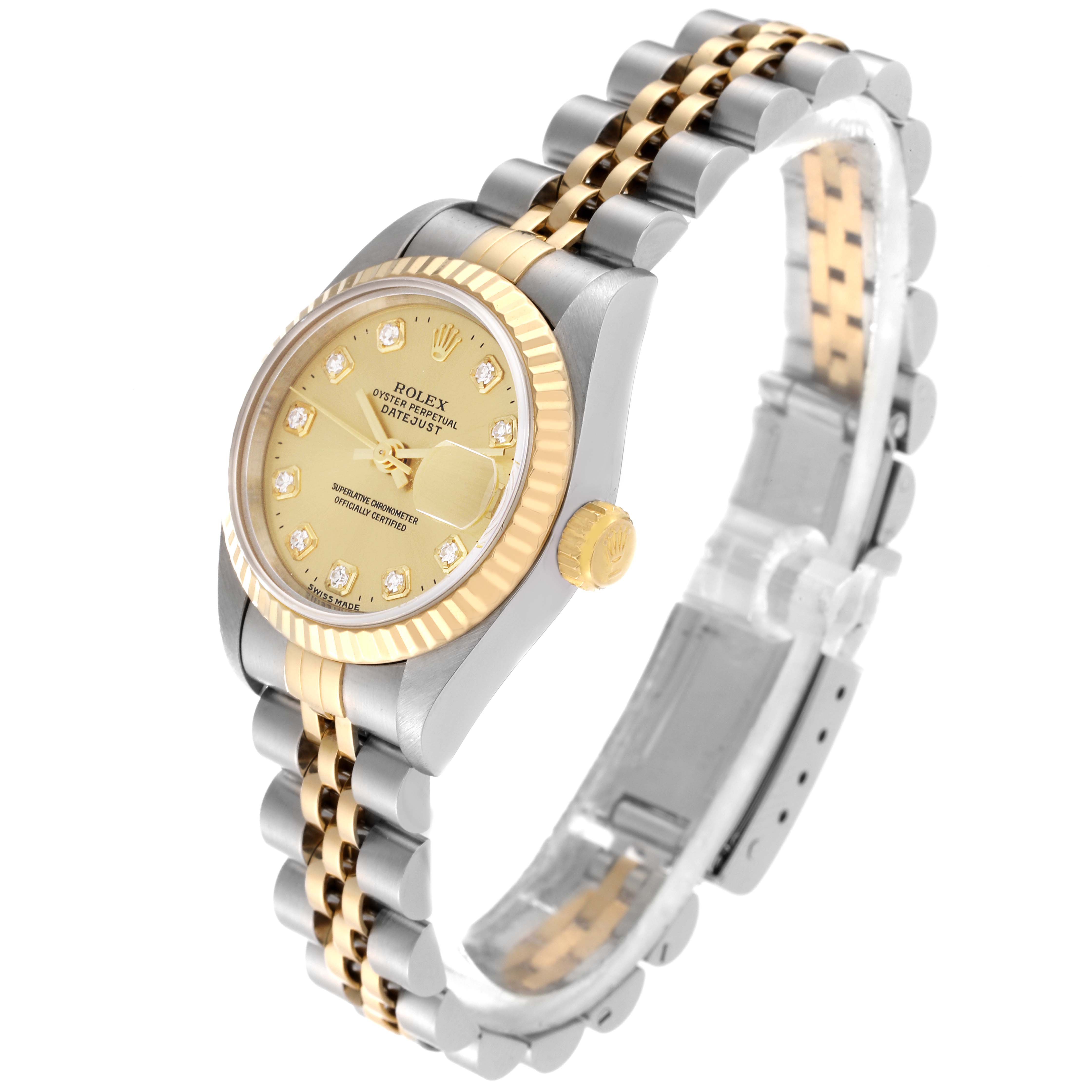 The Rolex Datejust 69173 Women's Steel and Gold (two tone) Champagne Dial 69173 Women's Steel and Gold (two tone) Champagne Dial watch is shown at a front-side angle, displaying its face, bezel, crown, and bracelet.