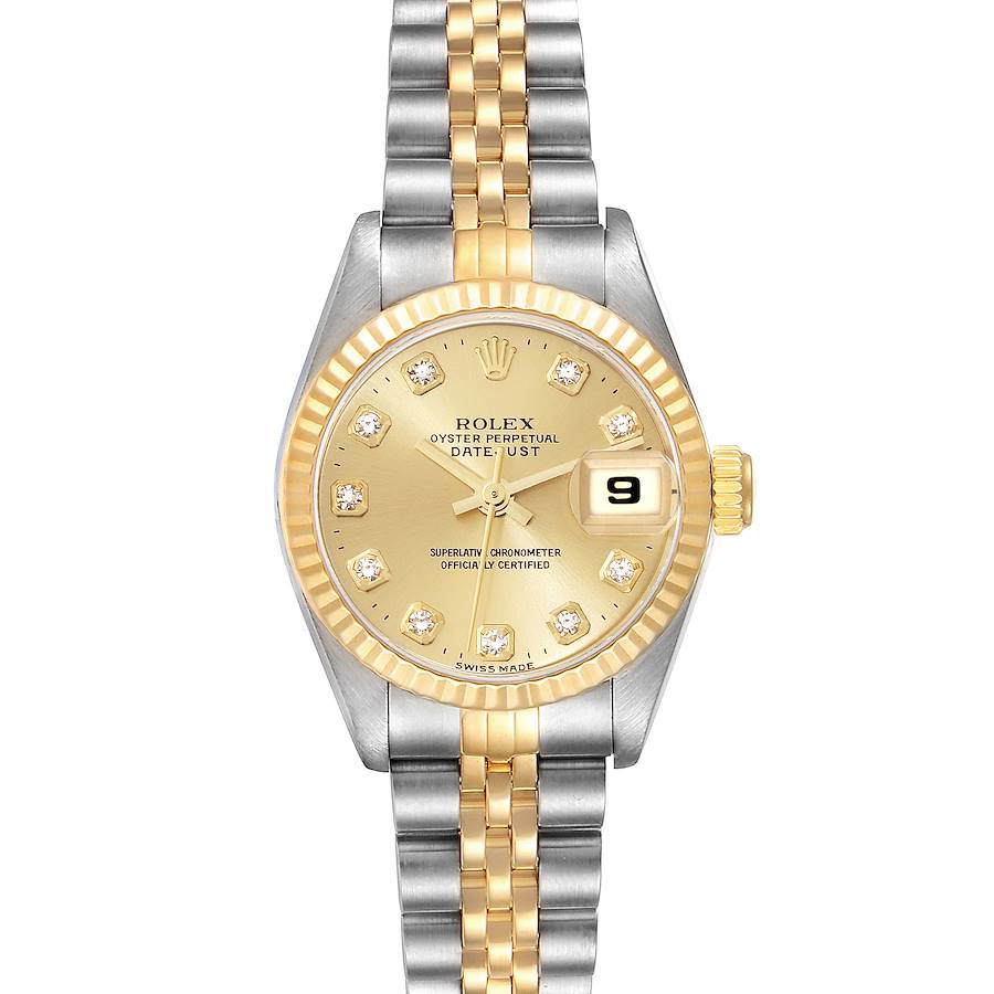 This is a Rolex Datejust 69173 Women's Steel and Gold (two tone) Champagne Dial 69173 Women's Steel and Gold (two tone) Champagne Dial watch shown from a frontal angle, featuring the dial, hands, bezel, and bracelet.