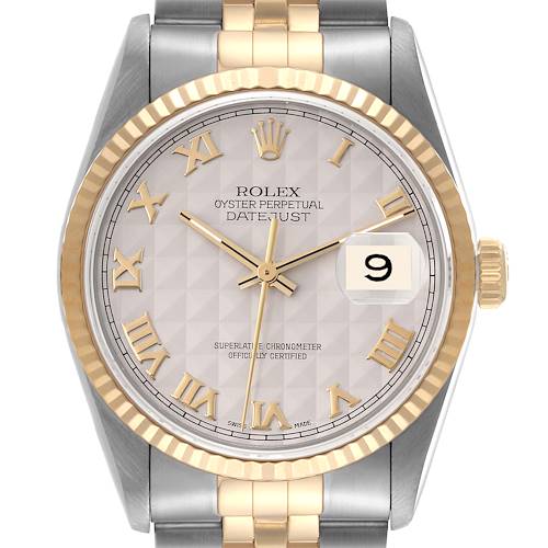 This image shows a front view of the dial, bezel, and bracelet of a Rolex Datejust 16233 Men's Steel and Gold (two tone) Beige Dial 16233 Men's Steel and Gold (two tone) Beige Dial watch.