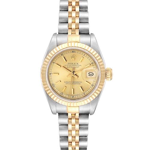 The image shows a front view of a Rolex Datejust 69173 Women's Steel and Gold (two tone) Champagne Dial 69173 Women's Steel and Gold (two tone) Champagne Dial watch, highlighting the dial, bezel, crown, and two-tone bracelet.