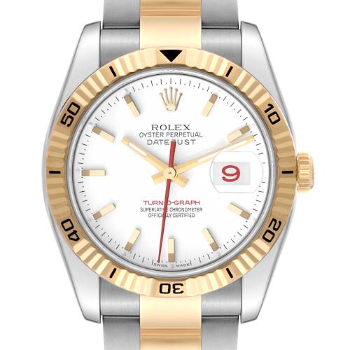 The image shows a front view of the Rolex Turn-o-Graph 116263 Men's Steel and Gold (two tone) White Dial 116263 Men's Steel and Gold (two tone) White Dial watch, highlighting the dial, bezel, crown, and bracelet.