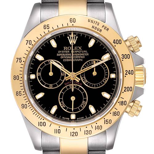 This image shows a front view of the Rolex Daytona 116523 Men's Steel and Gold (two tone) Black Dial 116523 Men's Steel and Gold (two tone) Black Dial watch, displaying its dial, bezel, and chronograph functions prominently.