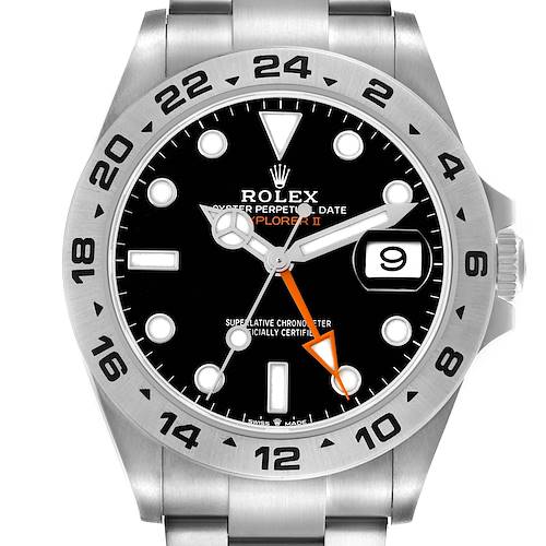 The Rolex Explorer model 226570 men's watch is pictured from the front, showing its black dial, orange and silver hands, date window, and a stainless steel bracelet.