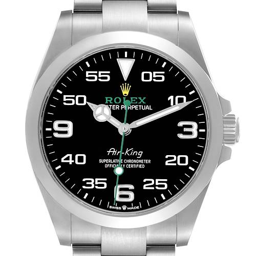 The Rolex Air-King model 126900 is shown from a front angle, highlighting the dial, hands, crown, and part of the bracelet.