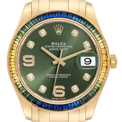 The image shows a frontal view of the Rolex Pearlmaster 86348 Men's Yellow Gold Green Dial 86348 Men's Yellow Gold Green Dial watch, highlighting the dial, bezel, crown, and part of the bracelet.