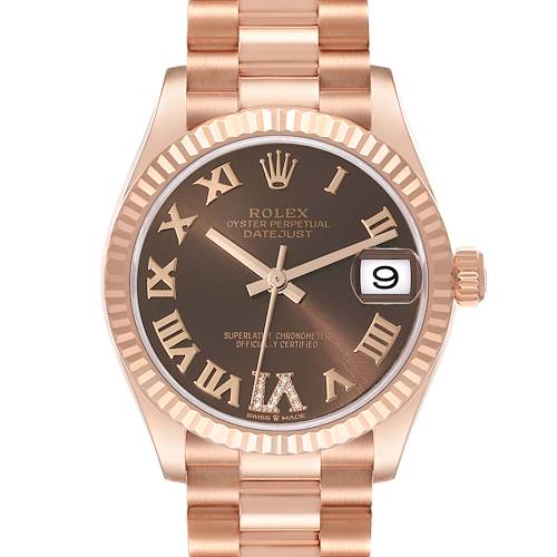 The image shows a front view of a Rolex President 278275 Women's Rose Gold Brown Dial 278275 Women's Rose Gold Brown Dial model watch, highlighting its rose gold bracelet, brown dial, Roman numeral markers, and date window.