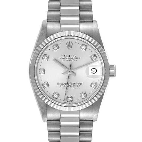 The image shows a Rolex President 68279 Women's Stainless Steel Silver Dial 68279 Women's Stainless Steel Silver Dial model watch from a front angle, displaying the face, bezel, and part of the bracelet.