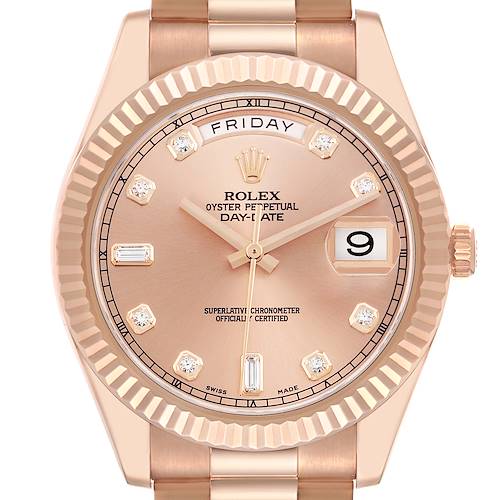 The Rolex President model 218235 is shown from the front, featuring the dial with diamond markers, day and date windows, and the fluted bezel.