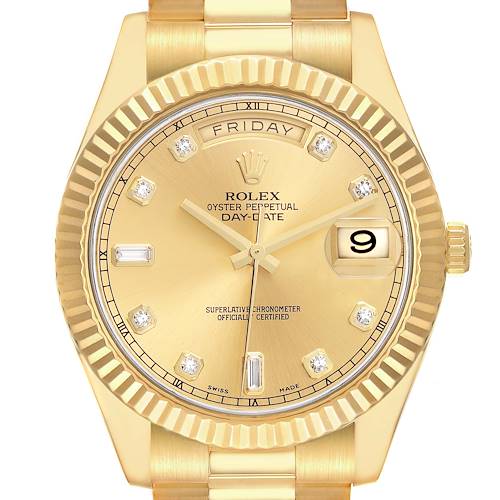 The Rolex President model 218238 watch is shown from a front angle, highlighting the dial, fluted bezel, and part of the bracelet.
