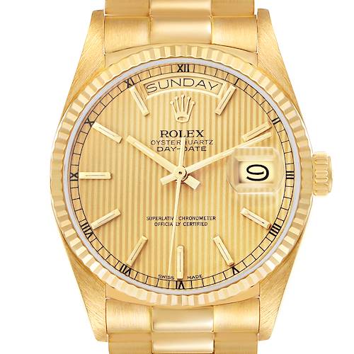 The Rolex President model 18038 is shown from a front angle, highlighting the dial, day and date features, and part of the bracelet.