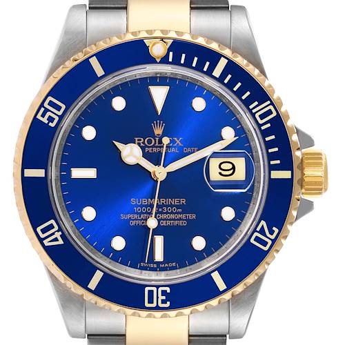 The image shows a front view of the Rolex Submariner 16613 Men's Steel and Gold (two tone) Blue Dial 16613 Men's Steel and Gold (two tone) Blue Dial watch, highlighting its blue bezel, blue dial, and date function.