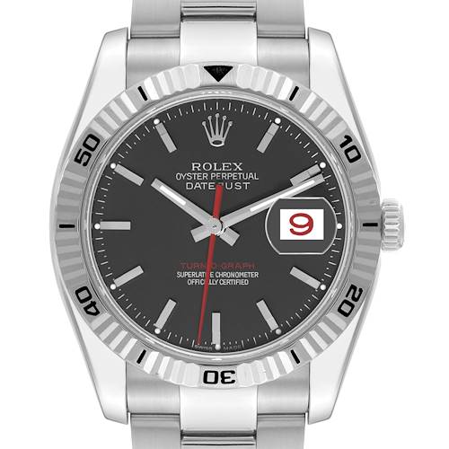 The image shows a Rolex Turn-o-Graph 116264 Men's Stainless Steel Black Dial 116264 Men's Stainless Steel Black Dial watch from a front angle, highlighting the dial, bezel, hands, and bracelet.