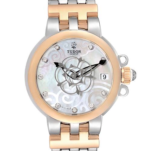 The image shows a frontal view of the Tudor Clair de Rose 35701 Women's Steel and Gold (two tone) Mother of Pearl Dial 35701 Women's Steel and Gold (two tone) Mother of Pearl Dial watch, highlighting its face, bezel, dial, date window, and part of the bracelet.
