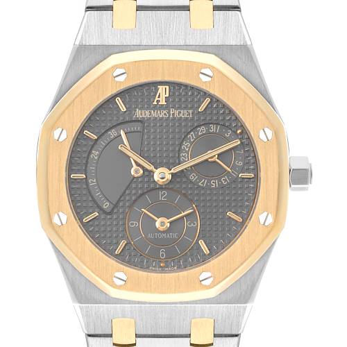 The image shows the front view of the Audemars Piguet Royal Oak 25730SA.01.078 Men's Steel and Gold (two tone) Grey Dial 25730SA.01.078 Men's Steel and Gold (two tone) Grey Dial watch, highlighting the dial, hands, sub-dials, and bezel.
