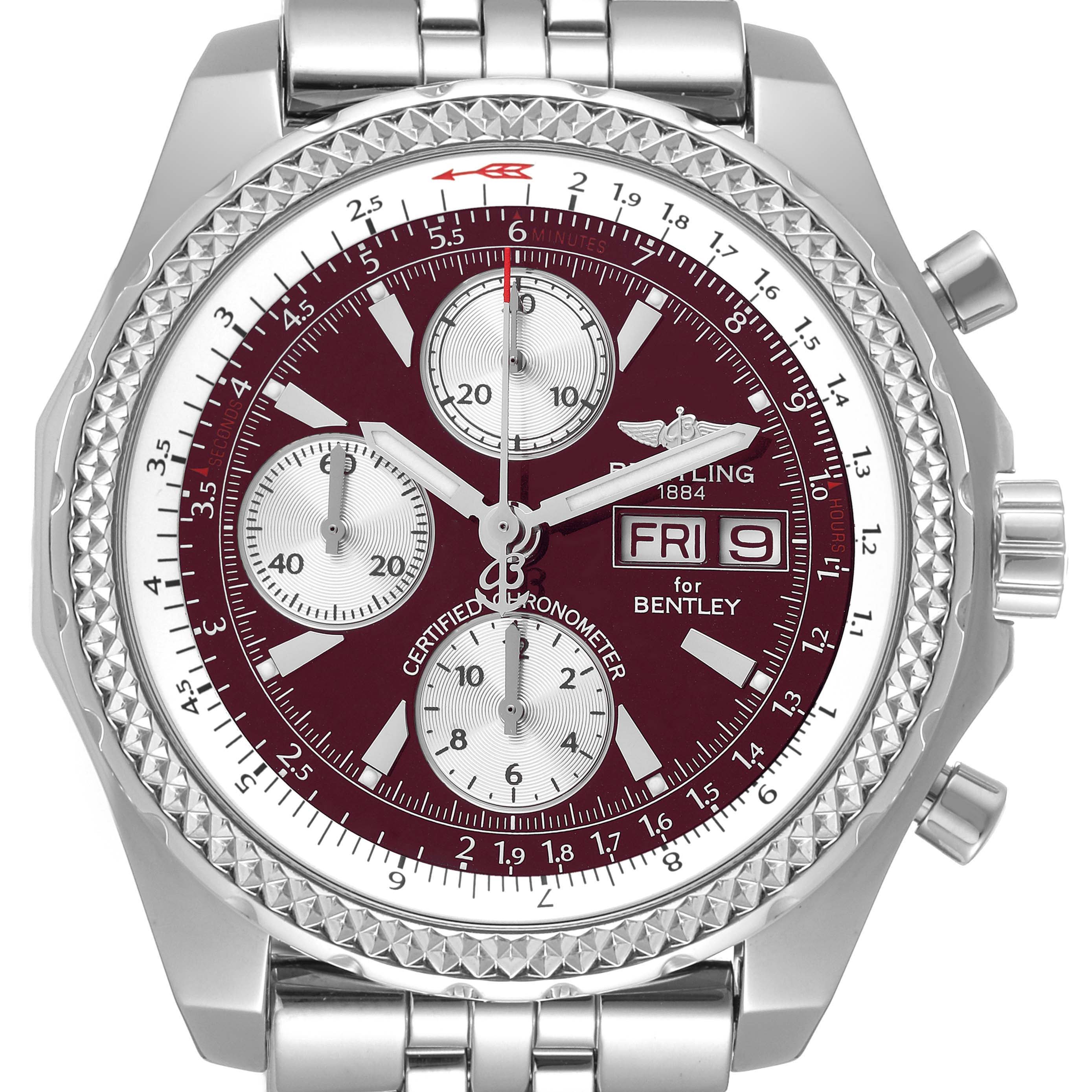 This image shows a frontal view of the Breitling Bentley A13362 Men's Stainless Steel Burgundy Dial A13362 Men's Stainless Steel Burgundy Dial model watch, highlighting the dial, subdials, bezel, and bracelet.