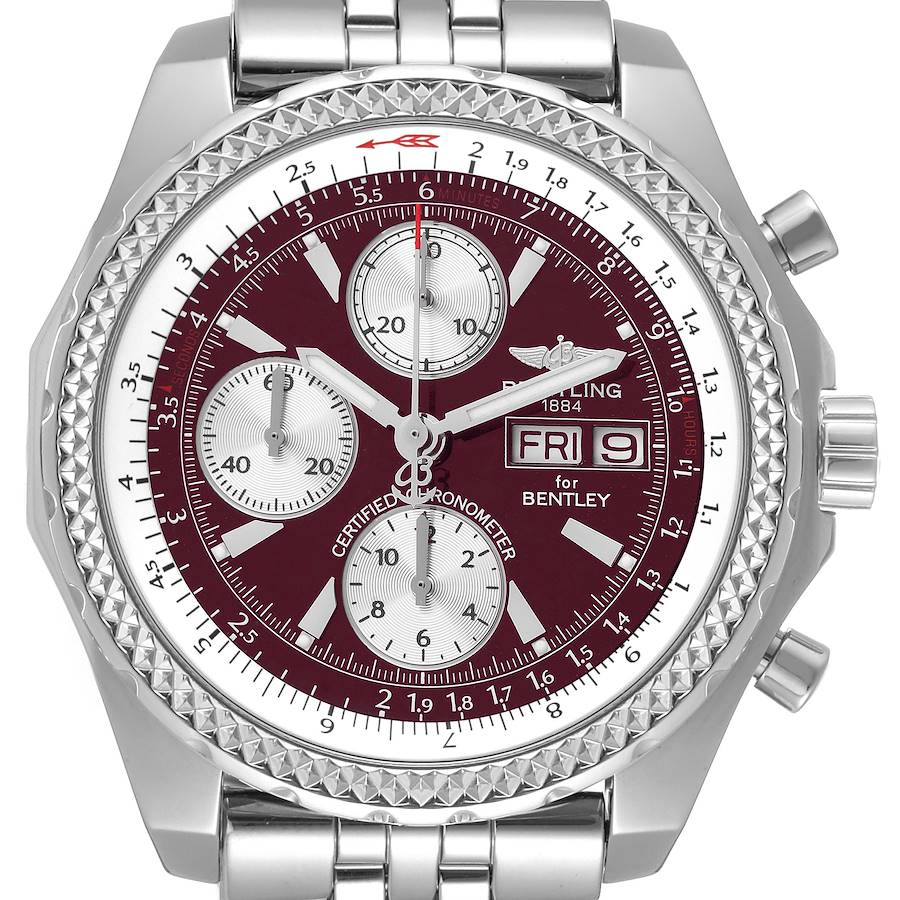 This image shows a frontal view of the Breitling Bentley A13362 Men's Stainless Steel Burgundy Dial A13362 Men's Stainless Steel Burgundy Dial model watch, highlighting the dial, subdials, bezel, and bracelet.