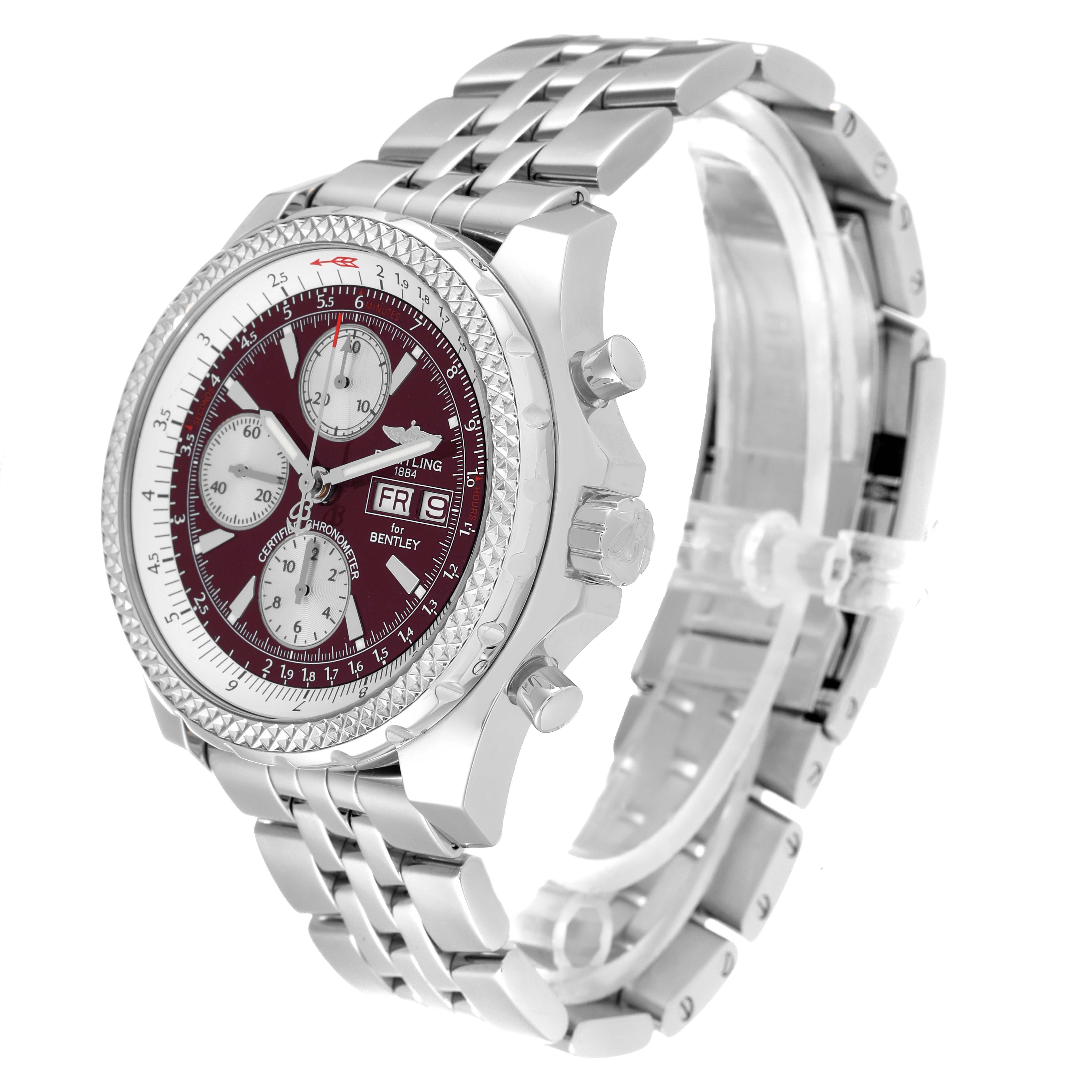 The image shows a side angle of a Breitling Bentley A13362 Men's Stainless Steel Burgundy Dial A13362 Men's Stainless Steel Burgundy Dial watch, showcasing the face, bezel, crown, and metal bracelet.