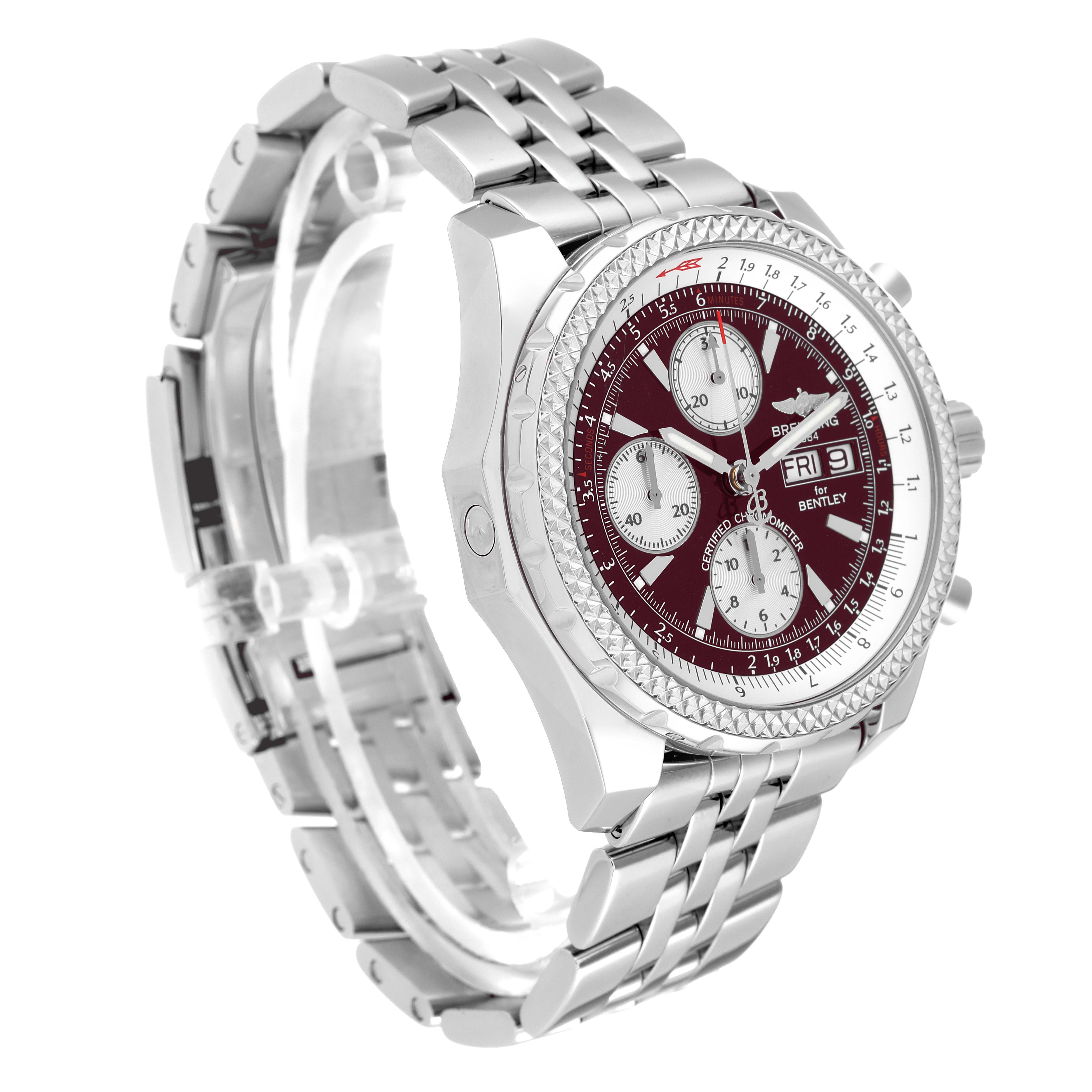 This image shows a Bentley model by Breitling at an oblique angle, highlighting its metal bracelet and detailed dial.