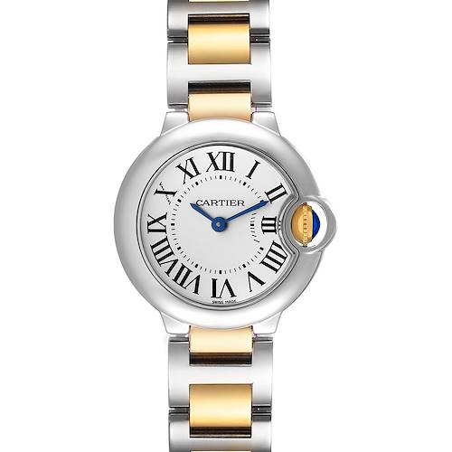 The image shows a front view of the Cartier Ballon Bleu W2BB0010 Women's Steel and Gold (two tone) White Dial W2BB0010 Women's Steel and Gold (two tone) White Dial watch, displaying the dial, hands, Roman numerals, and two-tone bracelet.