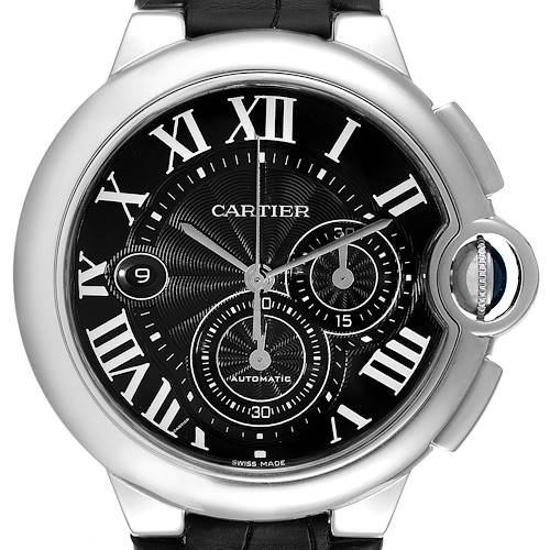This image shows a full frontal view of the Cartier Ballon Bleu W6920052 Men's Stainless Steel Black Dial W6920052 Men's Stainless Steel Black Dial watch with a black dial and Roman numerals.