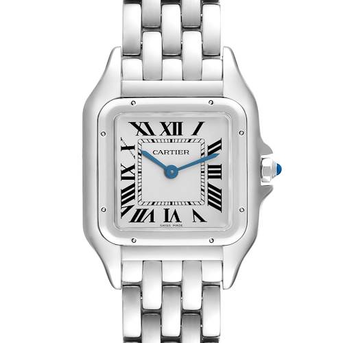 The image shows a front view of the Cartier Panthere model WSPN0007 men's watch, highlighting its Roman numeral dial, blue hands, and stainless steel bracelet.