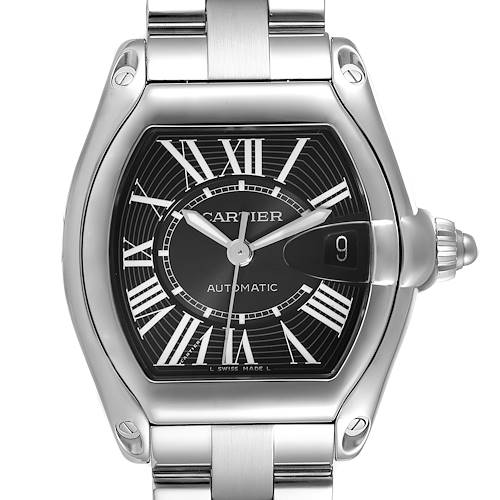 This image shows the front view of the Cartier Roadster W62041V3 Men's Stainless Steel Black Dial W62041V3 Men's Stainless Steel Black Dial watch, highlighting its face, bezel, and part of the bracelet.