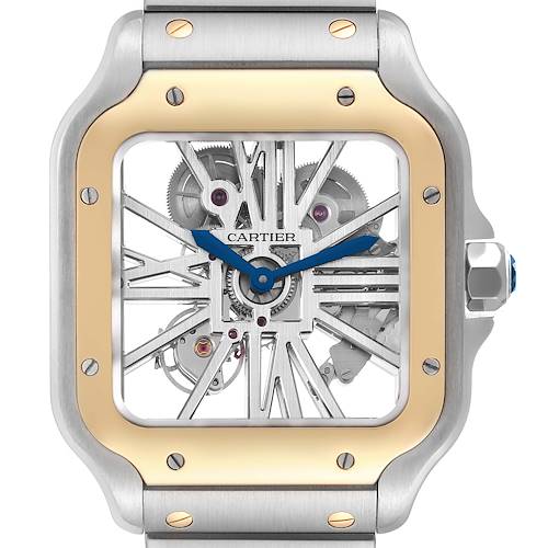 The image shows a front view of a Cartier Santos WHSA0019 Men's Steel and Gold (two tone) Transparent Dial WHSA0019 Men's Steel and Gold (two tone) Transparent Dial skeleton watch displaying its intricate inner mechanisms.