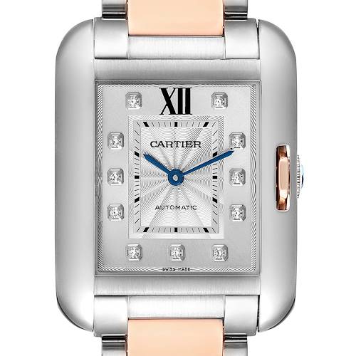 The Cartier Tank Anglaise WT100025 Women's Steel and Gold (two tone) Silver Dial WT100025 Women's Steel and Gold (two tone) Silver Dial watch is shown from a front angle, displaying the face, bezel, hands, and part of the bracelet.
