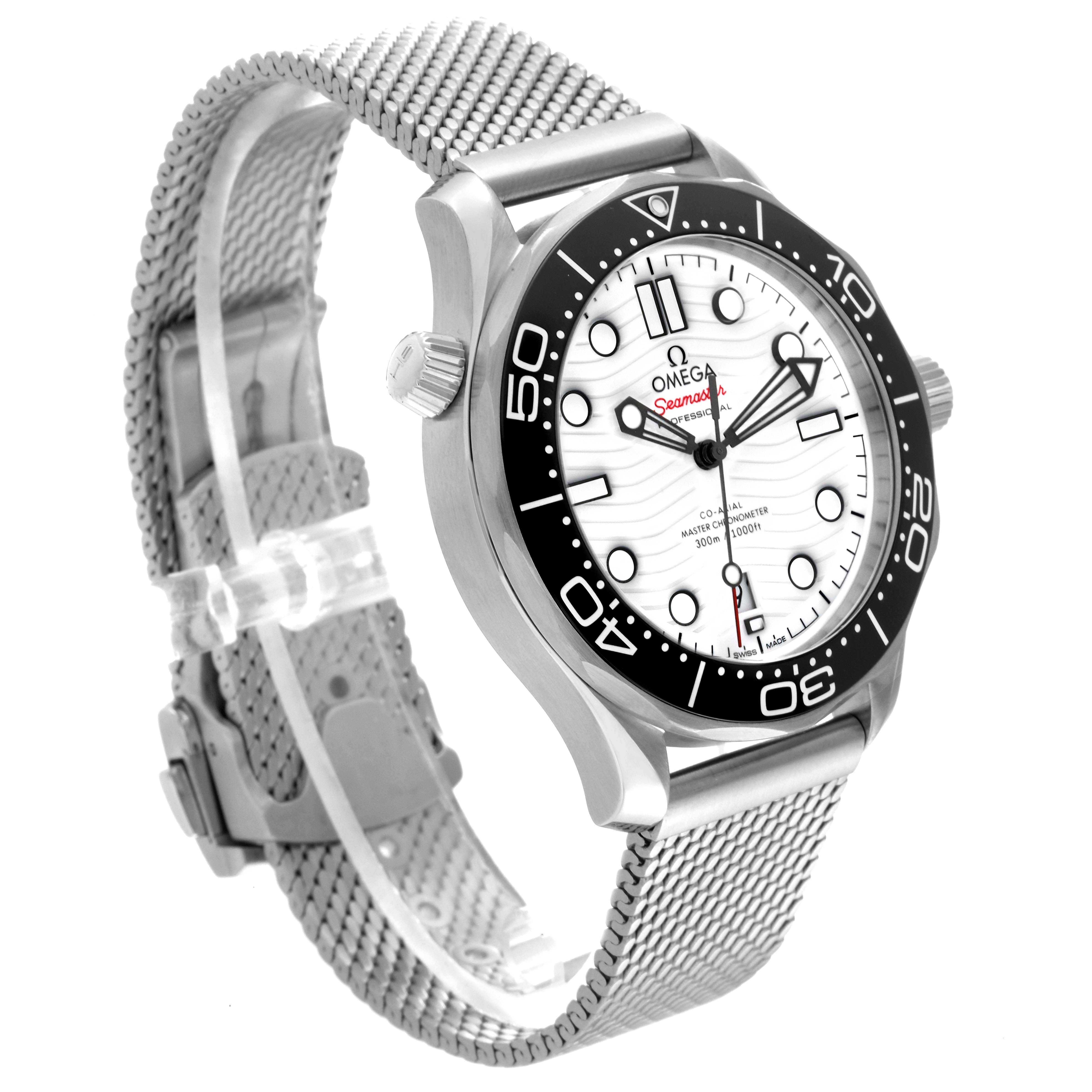 This image shows a side angle of the Omega Seamaster 210.32.42.20.04.001 Men's Stainless Steel White Dial 210.32.42.20.04.001 Men's Stainless Steel White Dial watch, focusing on the dial, bezel, case, and metal mesh strap.