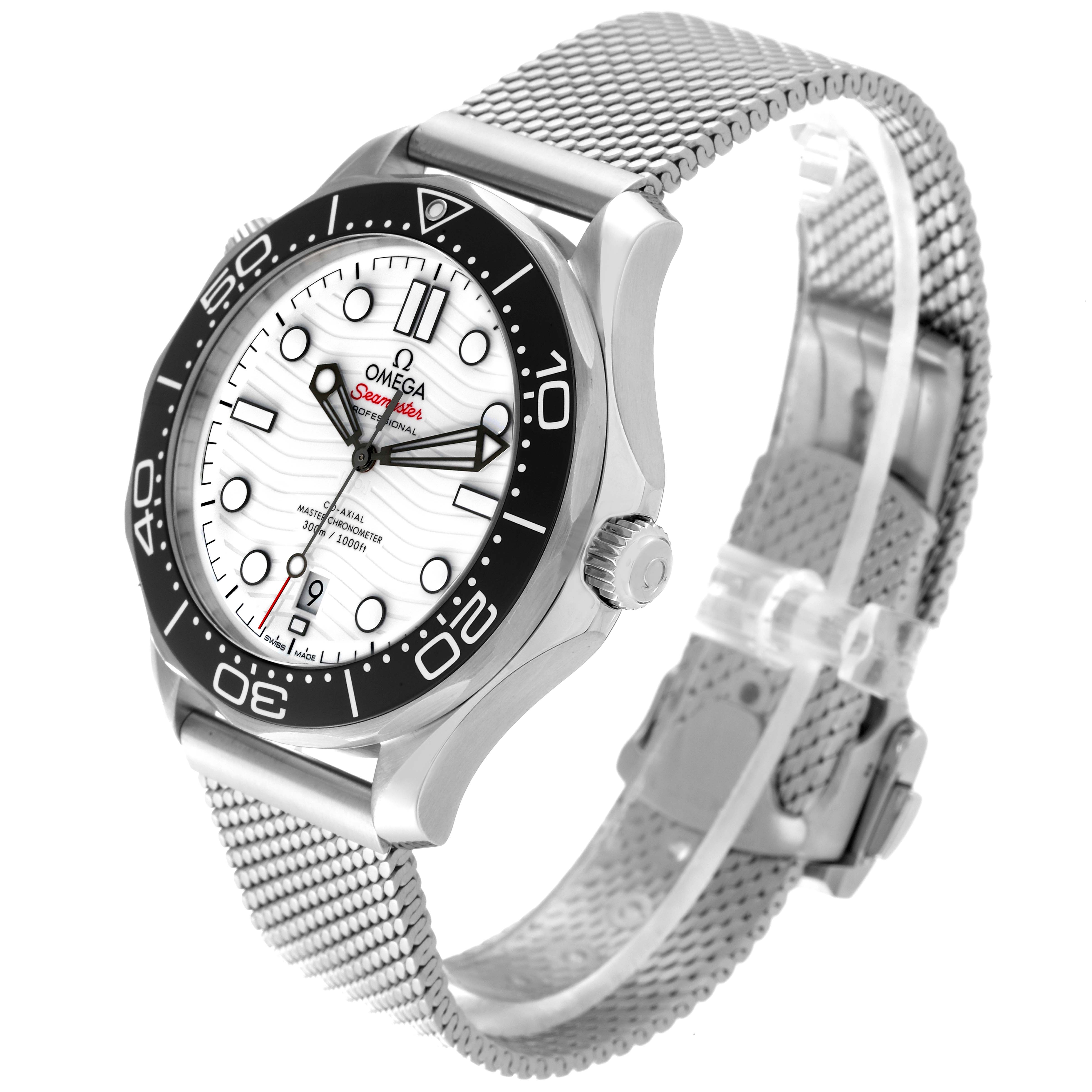 The Omega Seamaster 210.32.42.20.04.001 Men's Stainless Steel White Dial 210.32.42.20.04.001 Men's Stainless Steel White Dial watch is shown at an angle highlighting the face, bezel, case, and metal mesh strap.