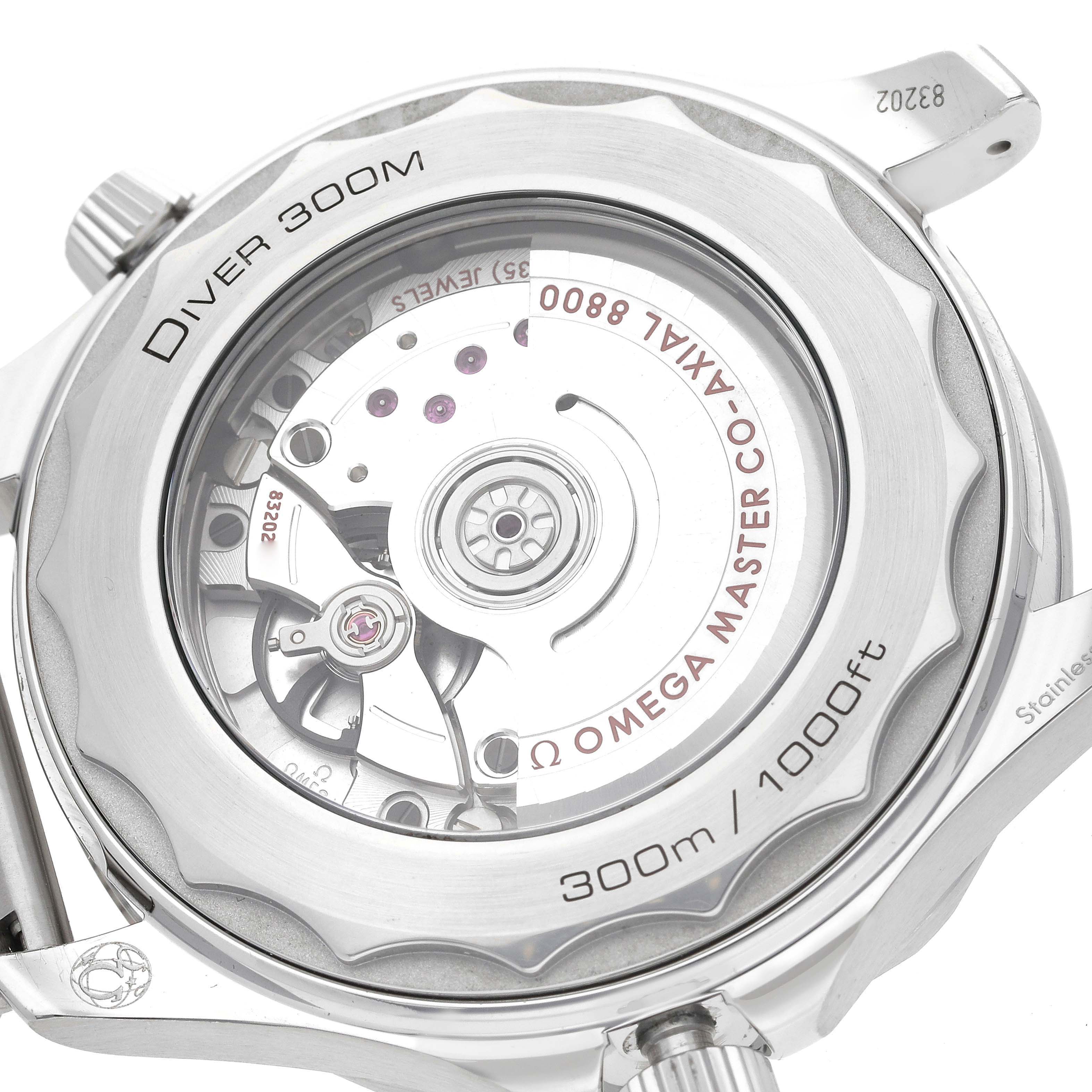 This image shows the back of the Omega Seamaster 210.32.42.20.04.001 Men's Stainless Steel White Dial 210.32.42.20.04.001 Men's Stainless Steel White Dial Diver 300M, revealing its Co-Axial Master Chronometer movement.