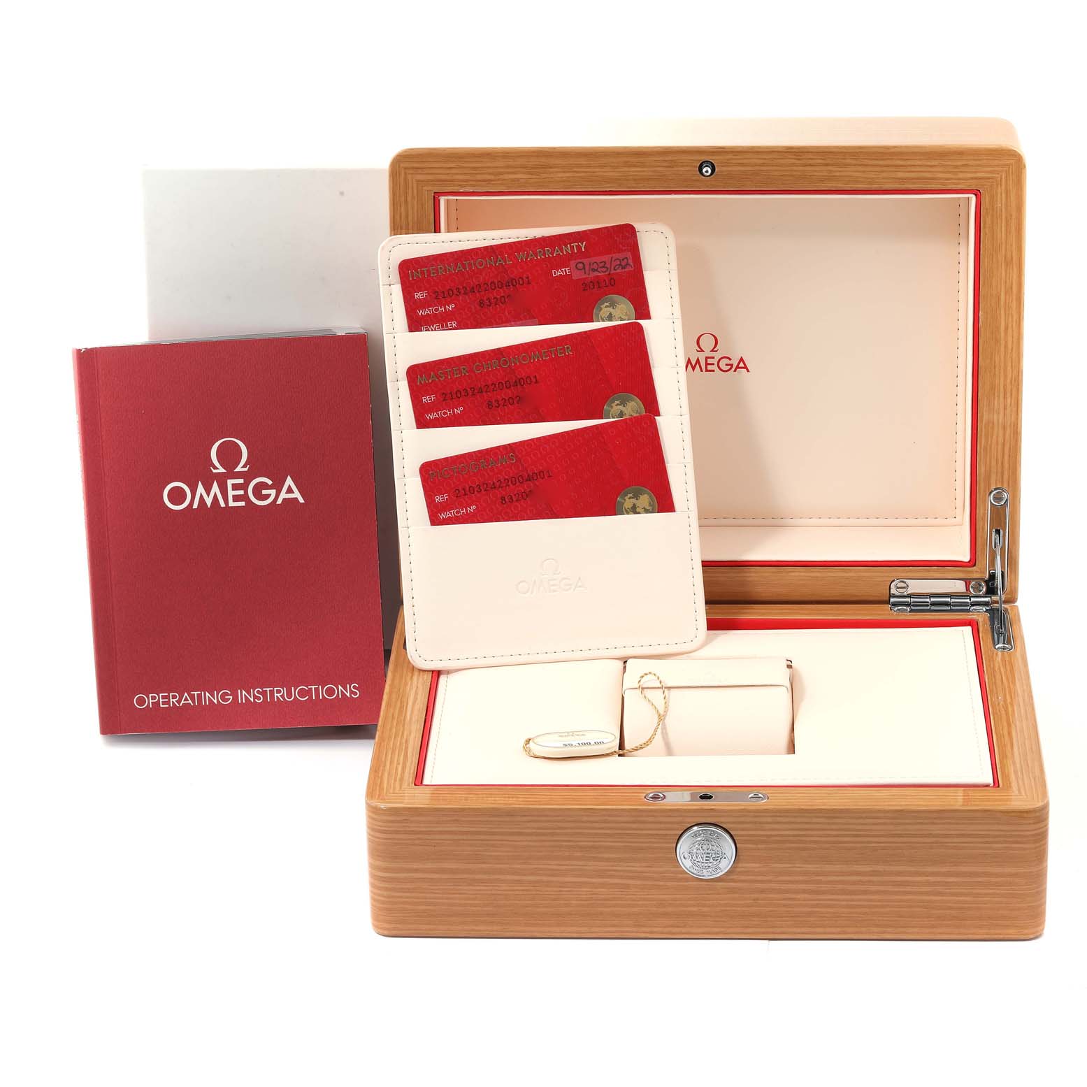 The image shows a wooden Omega Seamaster 210.32.42.20.04.001 Men's Stainless Steel White Dial 210.32.42.20.04.001 Men's Stainless Steel White Dial watch box, warranty cards, a manual, and watch tags.