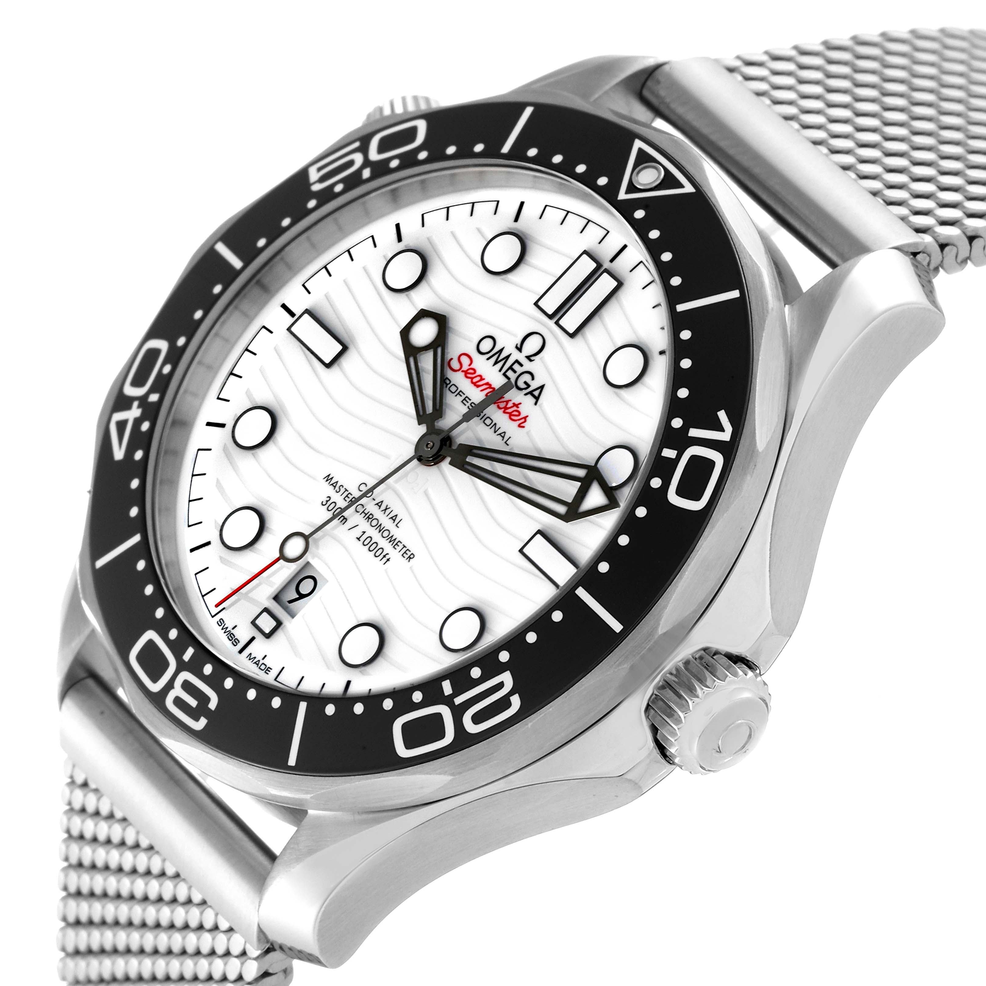 The Omega Seamaster 210.32.42.20.04.001 Men's Stainless Steel White Dial 210.32.42.20.04.001 Men's Stainless Steel White Dial watch is shown at a slight side angle, highlighting the face, bezel, crown, and part of the bracelet.