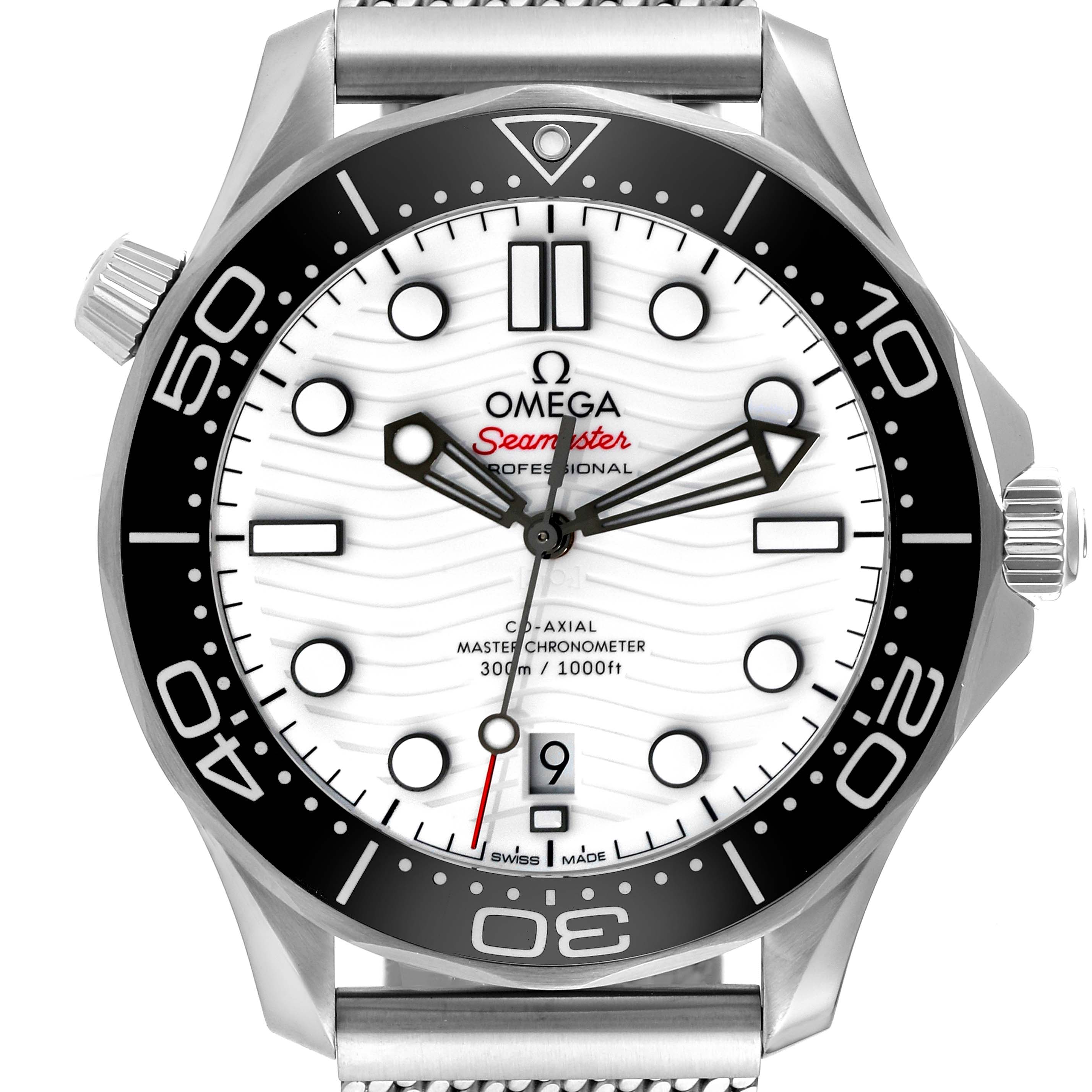 The image shows a front view of the Omega Seamaster 210.32.42.20.04.001 Men's Stainless Steel White Dial 210.32.42.20.04.001 Men's Stainless Steel White Dial watch, highlighting its dial, bezel, and crown.