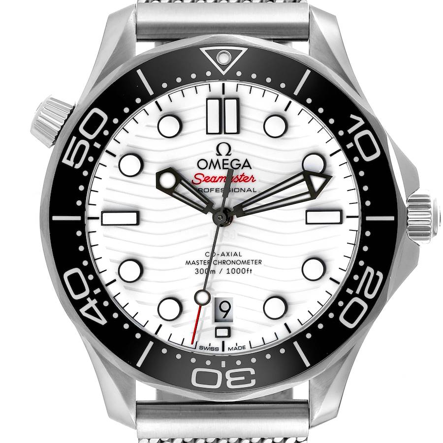 The image shows a front view of the Omega Seamaster 210.32.42.20.04.001 Men's Stainless Steel White Dial 210.32.42.20.04.001 Men's Stainless Steel White Dial watch, highlighting its dial, bezel, and crown.
