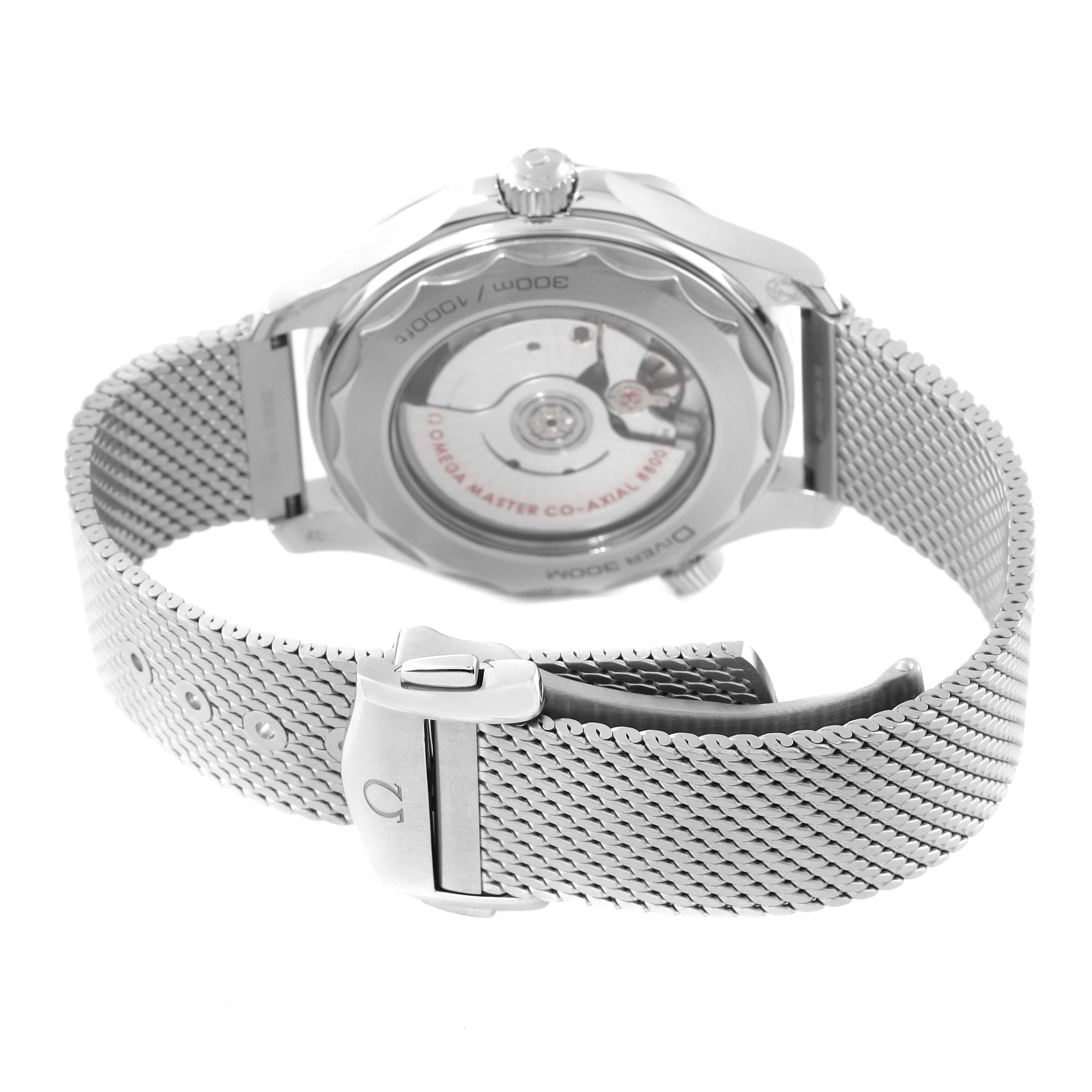 The image shows the back side of an Omega Seamaster 210.32.42.20.04.001 Men's Stainless Steel White Dial 210.32.42.20.04.001 Men's Stainless Steel White Dial watch, highlighting the stainless steel case and mesh bracelet.