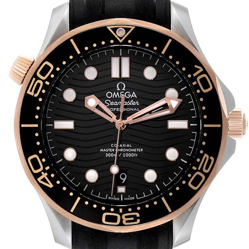 The image shows a front view of an Omega Seamaster 210.22.42.20.01.002 Men's Steel and Gold (two tone) Black Dial 210.22.42.20.01.002 Men's Steel and Gold (two tone) Black Dial watch, highlighting its black dial, bezel, and hands.