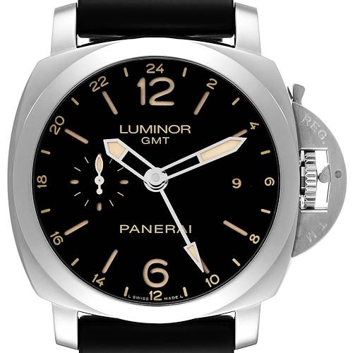 The image shows a front view of a Panerai Luminor PAM00531 Men's Stainless Steel Black Dial PAM00531 Men's Stainless Steel Black Dial GMT watch, featuring its black dial, luminous markers, and crown guard.
