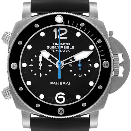 This Panerai Submersible PAM00615 Men's Titanium Black Dial PAM00615 Men's Titanium Black Dial model watch is shown from a front-facing angle, highlighting its dial, bezel, and rubber strap.