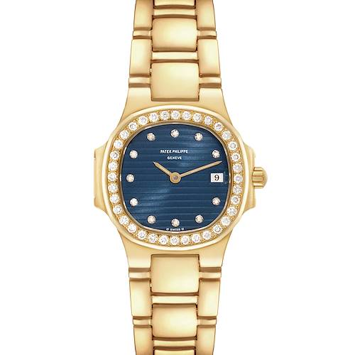 The image shows a front view of a Patek Philippe Nautilus 4700 Women's Yellow Gold Black Dial 4700 Women's Yellow Gold Black Dial watch with a gold bracelet, blue dial, and diamond bezel.