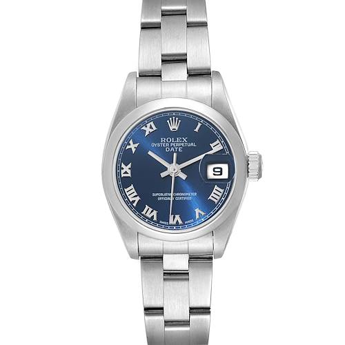 The Rolex Date 79160 Women's Stainless Steel Blue Dial 79160 Women's Stainless Steel Blue Dial model watch is shown from a top-down view, featuring the blue dial, date window, and stainless steel bracelet.