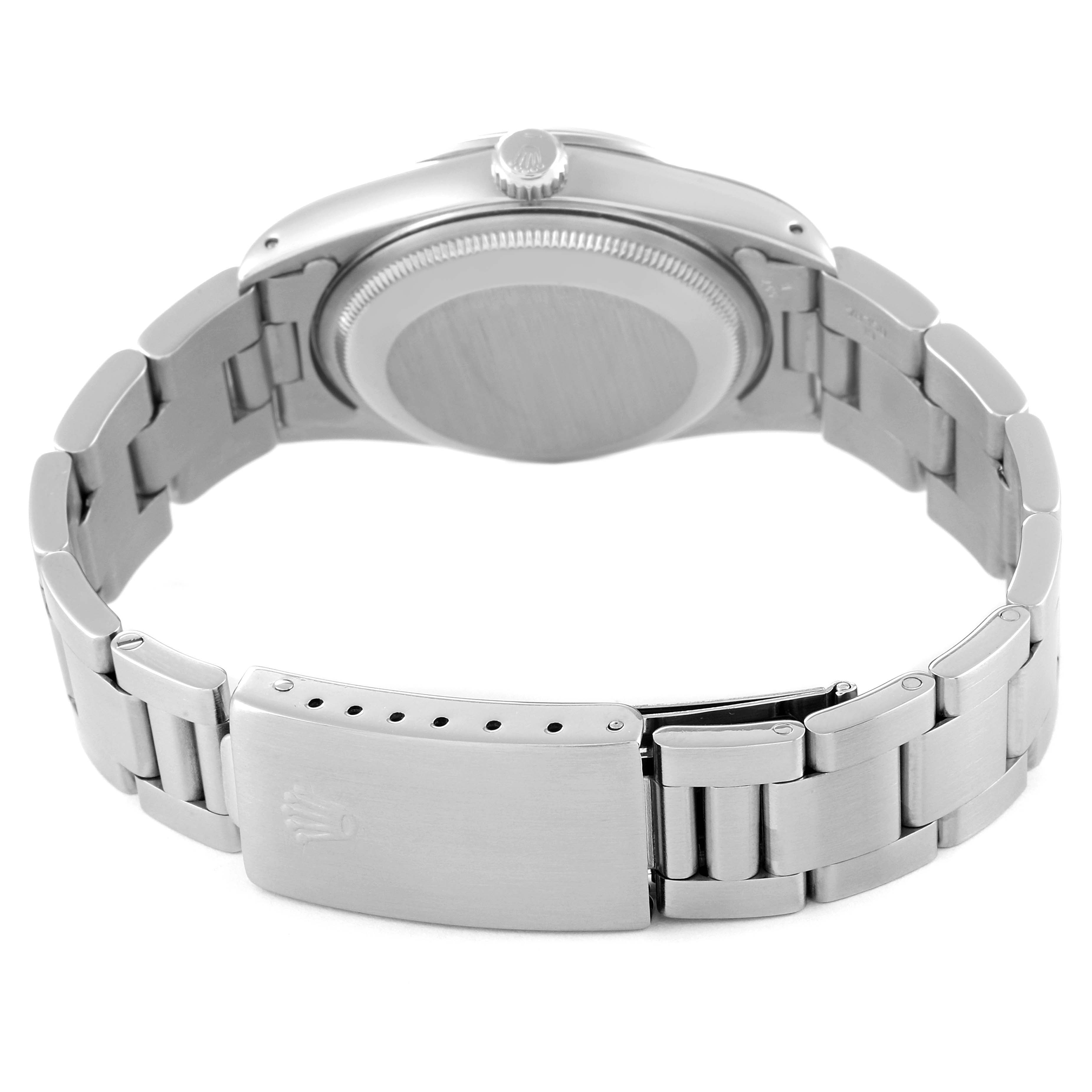 The image shows the back angle of the Rolex Date 15200 Men's Stainless Steel Black Dial 15200 Men's Stainless Steel Black Dial model watch, highlighting the case back, bracelet, and clasp.