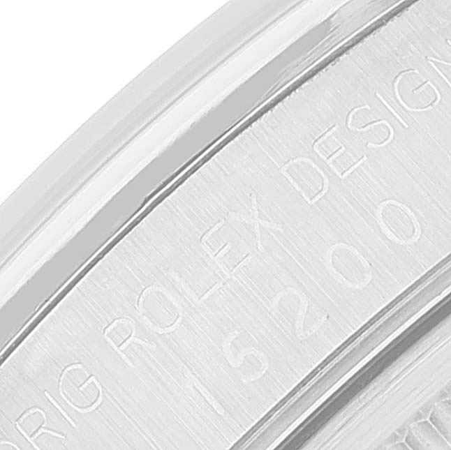 This image shows a close-up of the engraved casing back of a Rolex Date 15200 Men's Stainless Steel Black Dial 15200 Men's Stainless Steel Black Dial model watch.