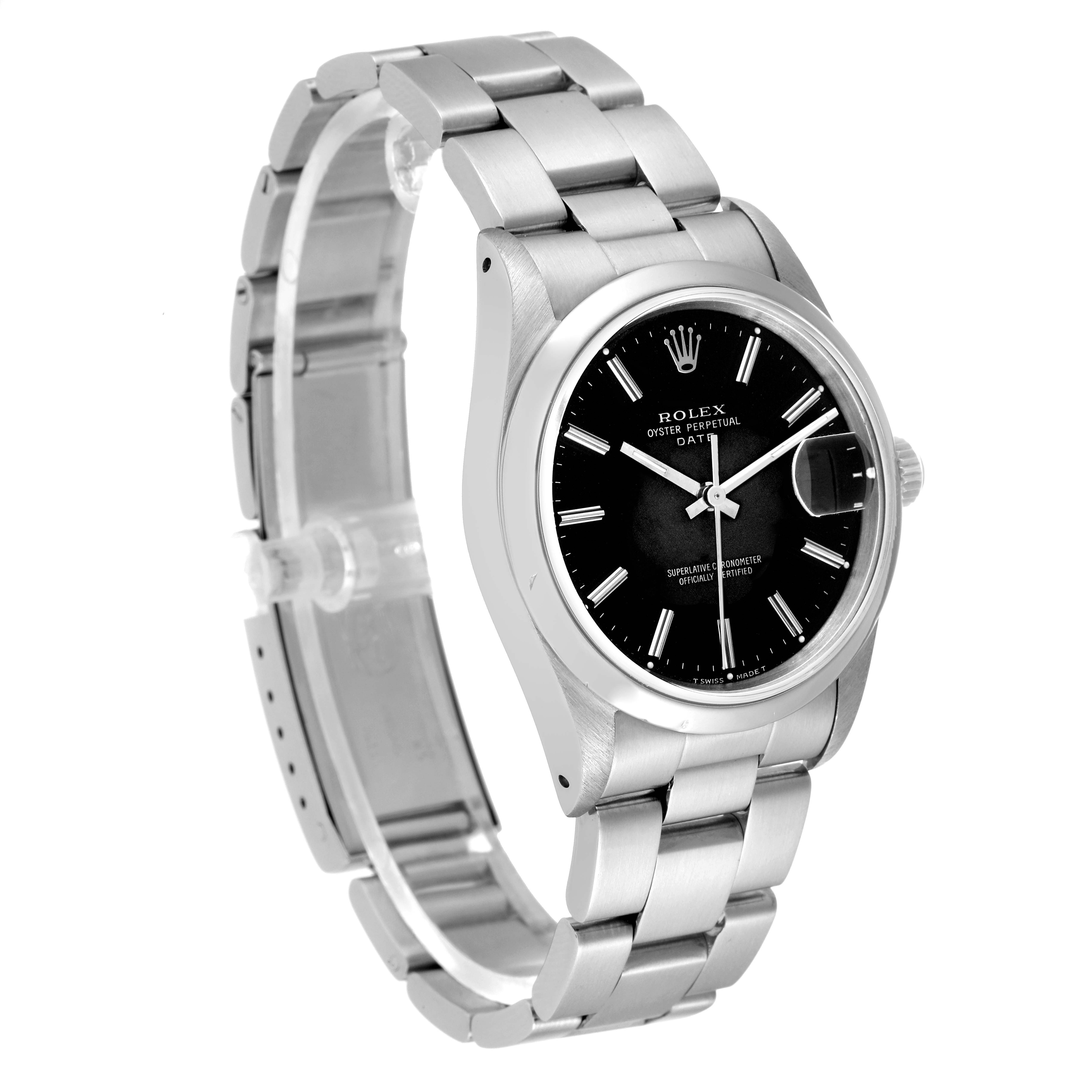 This image shows a side view of a Rolex Date 15200 Men's Stainless Steel Black Dial 15200 Men's Stainless Steel Black Dial model watch, highlighting the black dial, bezel, and stainless steel bracelet.