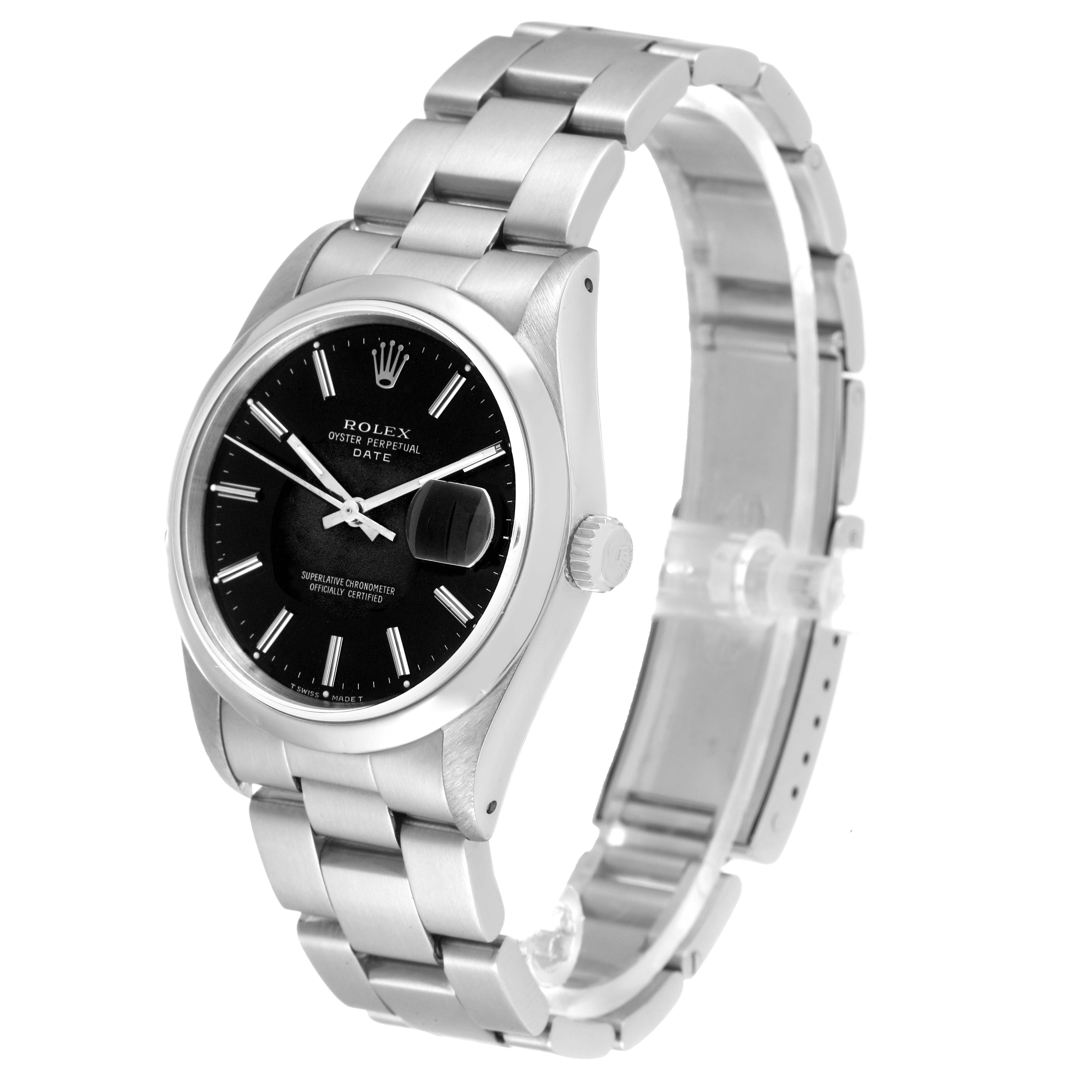 The image shows a Rolex Date 15200 Men's Stainless Steel Black Dial 15200 Men's Stainless Steel Black Dial model watch from an angled side view, highlighting the case, dial, crown, and bracelet.