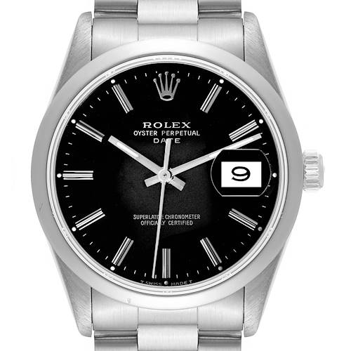 The image shows a front view of a Rolex Date 15200 Men's Stainless Steel Black Dial 15200 Men's Stainless Steel Black Dial model watch, highlighting the dial, date window, crown, and bracelet.